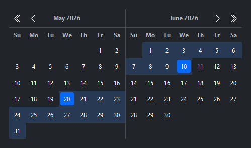 Calendar range selection — dark theme