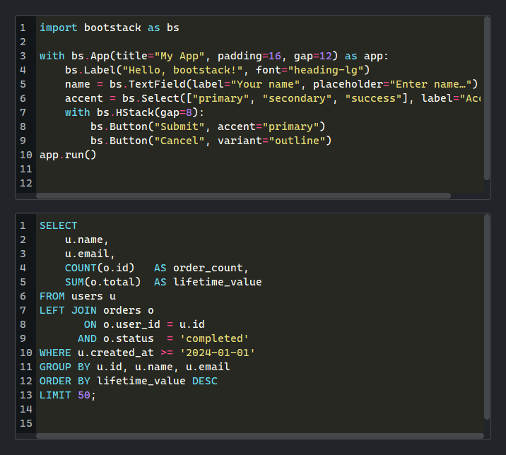 CodeEditor languages — dark theme