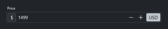 Number field with a dollar-sign prefix and a USD suffix label — dark theme