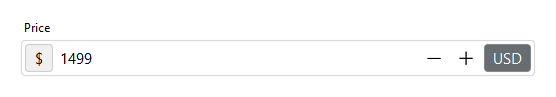 Number field with a dollar-sign prefix and a USD suffix label — light theme