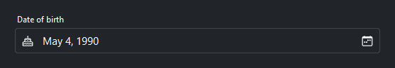 Date field with a leading cake icon — dark theme