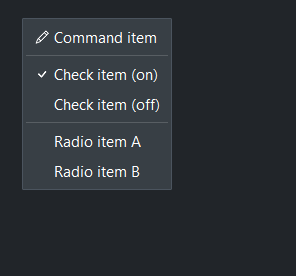 ContextMenu item types — dark theme