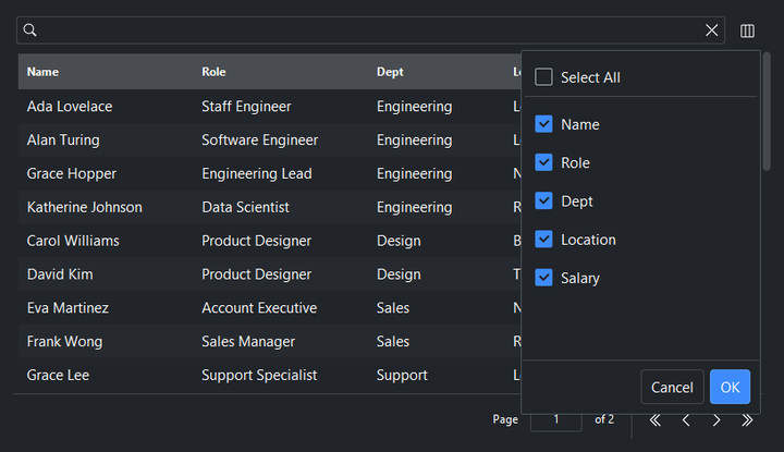 DataTable column chooser — dark theme