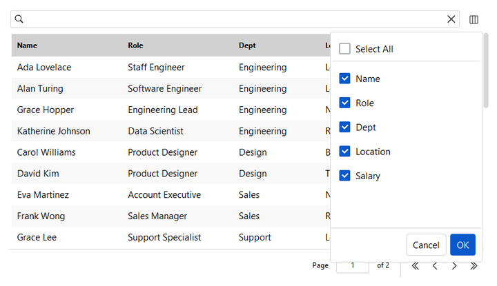 DataTable column chooser — light theme
