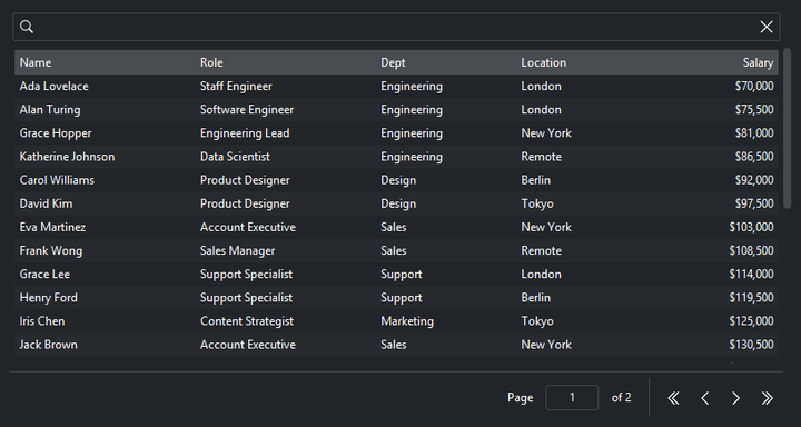 DataTable compact density — dark theme