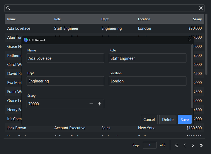 DataTable edit record dialog — dark theme