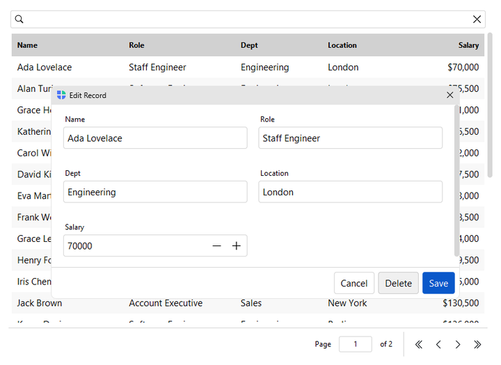 DataTable edit record dialog — light theme