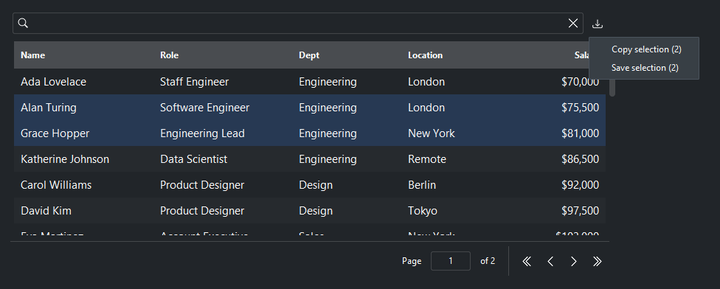 DataTable export menu — dark theme