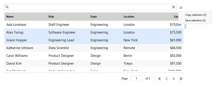 DataTable export menu — light theme