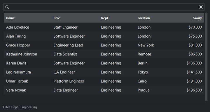 DataTable column filter — dark theme
