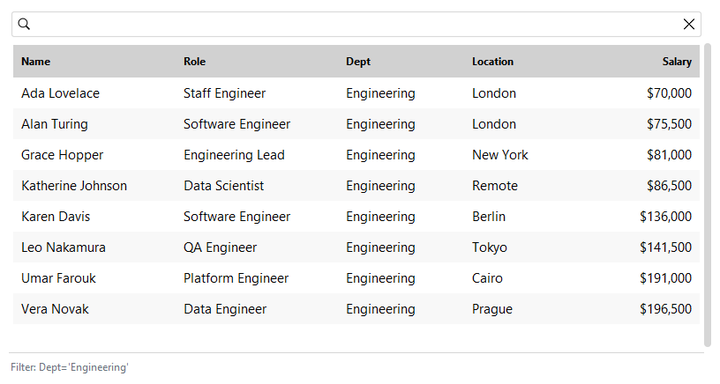 DataTable column filter — light theme