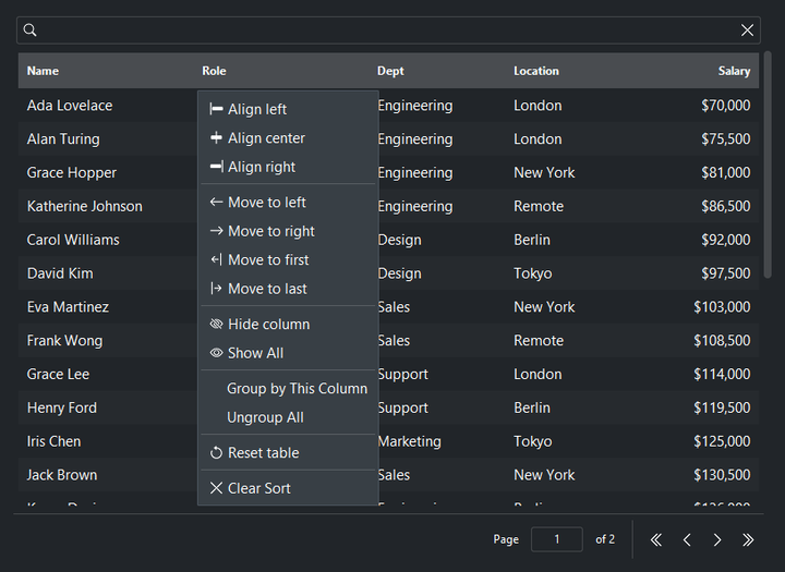 DataTable column header menu — dark theme