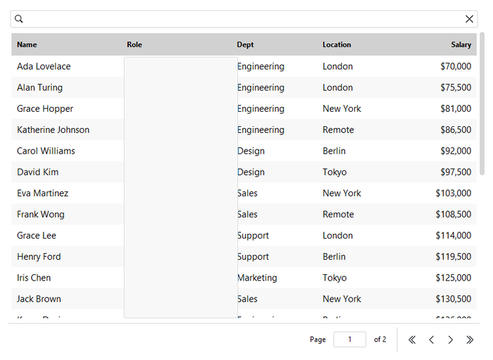 DataTable column header menu — light theme