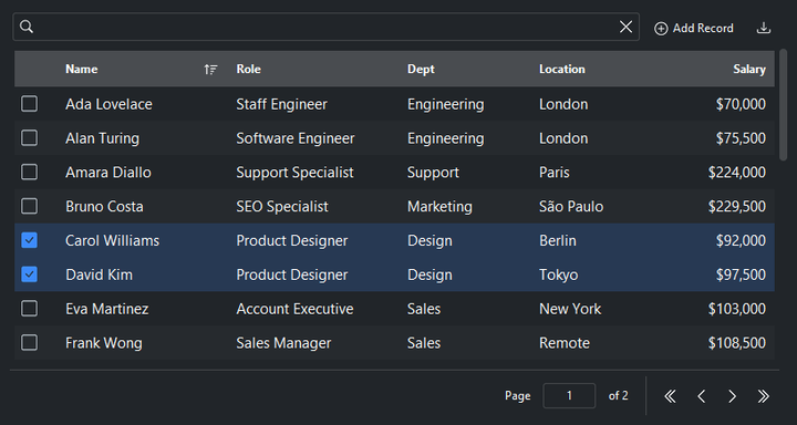 DataTable — dark theme