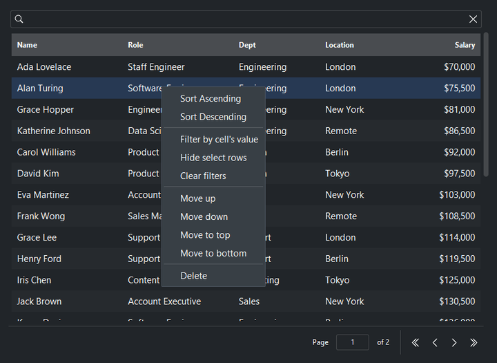 DataTable row context menu — dark theme