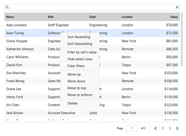 DataTable row context menu — light theme