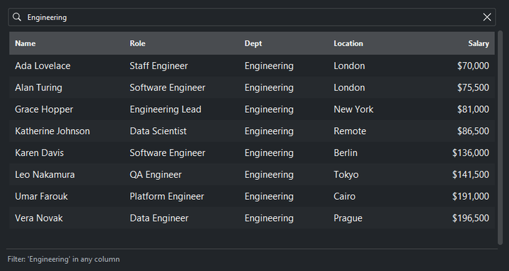 DataTable search — dark theme