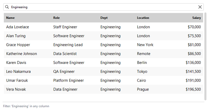 DataTable search — light theme