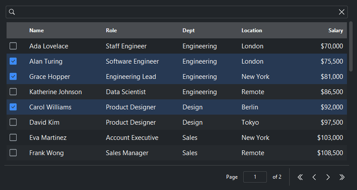 DataTable multi-select — dark theme