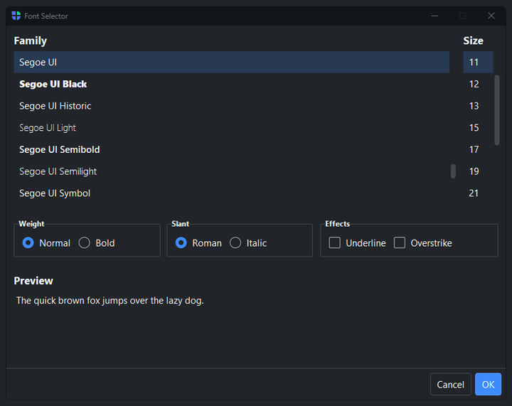 Font Dialog — dark theme