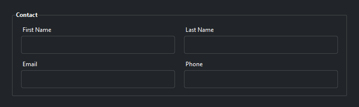 Form grouped fields — dark theme