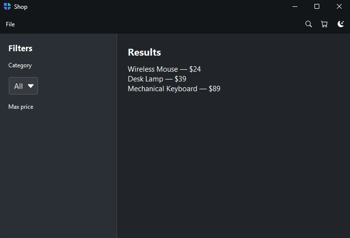 Custom filter sidebar — dark theme