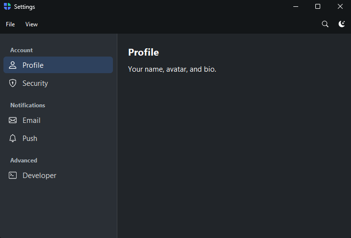 Grouped settings sidebar — dark theme