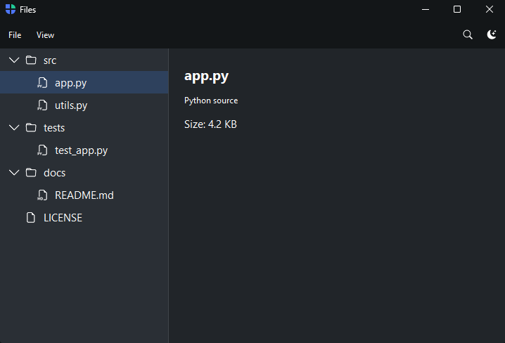 File explorer master–detail — dark theme