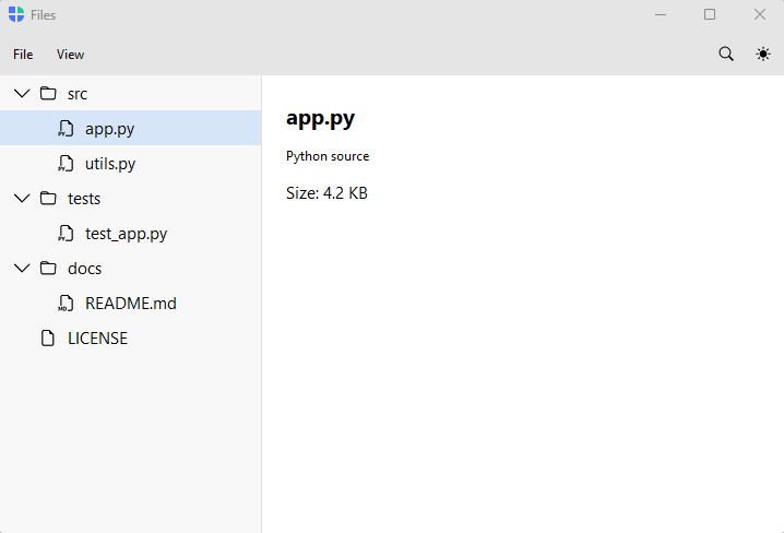 File explorer master–detail — light theme