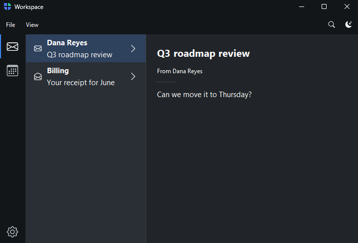Workspace rail (mail suite) — dark theme