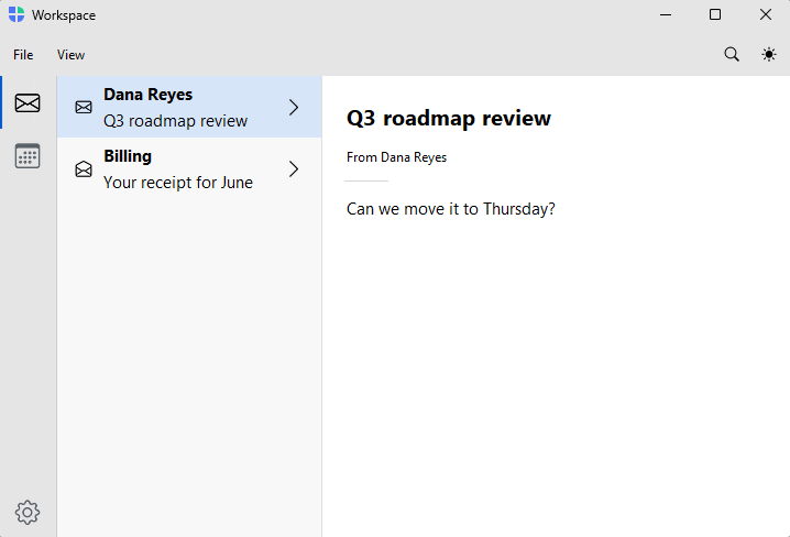 Workspace rail (mail suite) — light theme