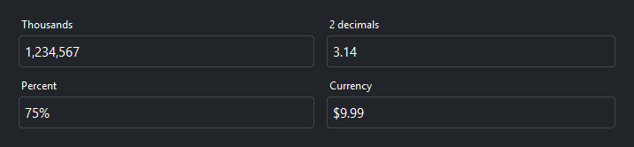 NumberField value formatting — dark theme