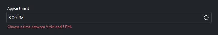 TimeField validation — dark theme
