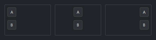 The same buttons centered versus right-anchored — dark theme